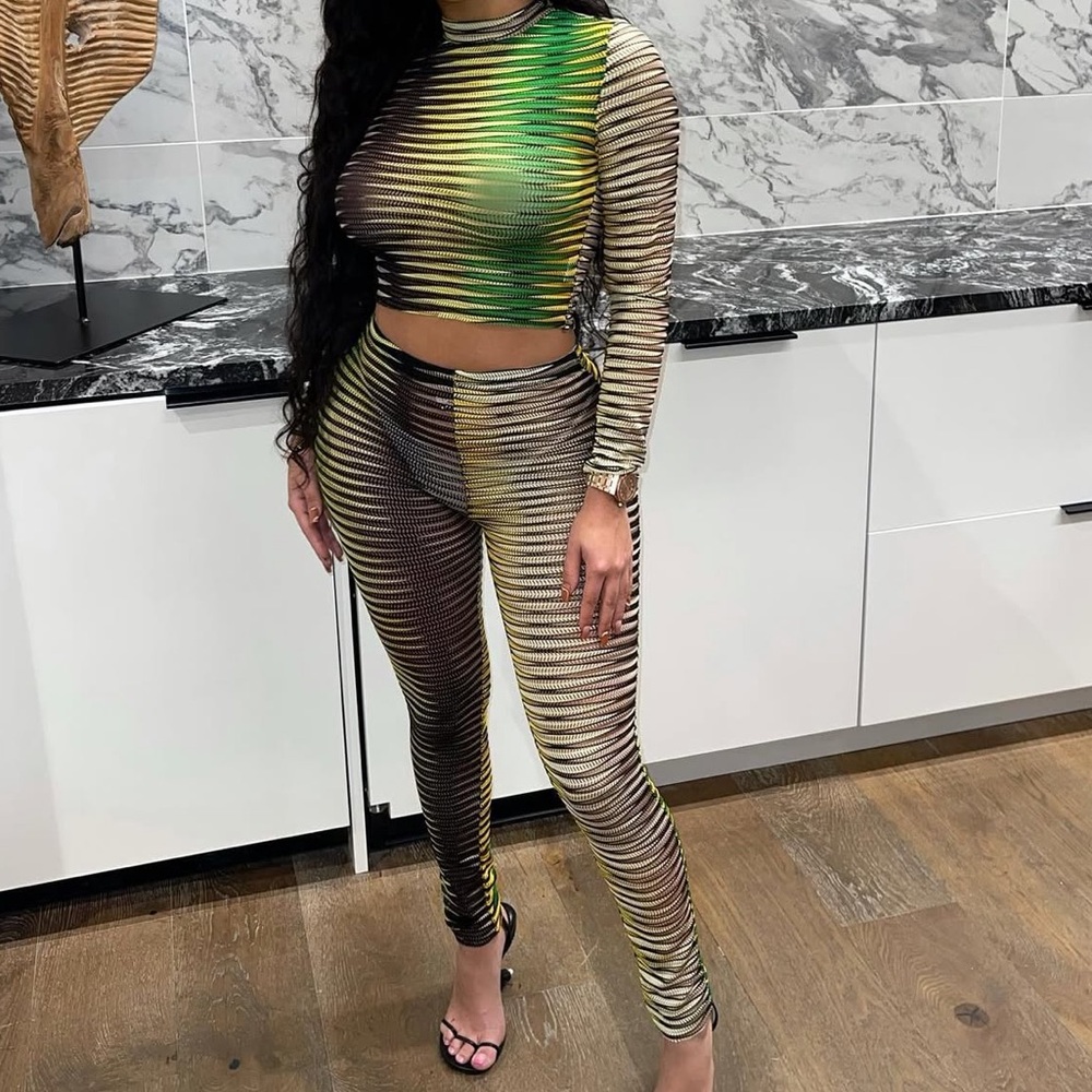 YELLOW BLACK & GREEN STRIPED PRINT 2 PIECE SET